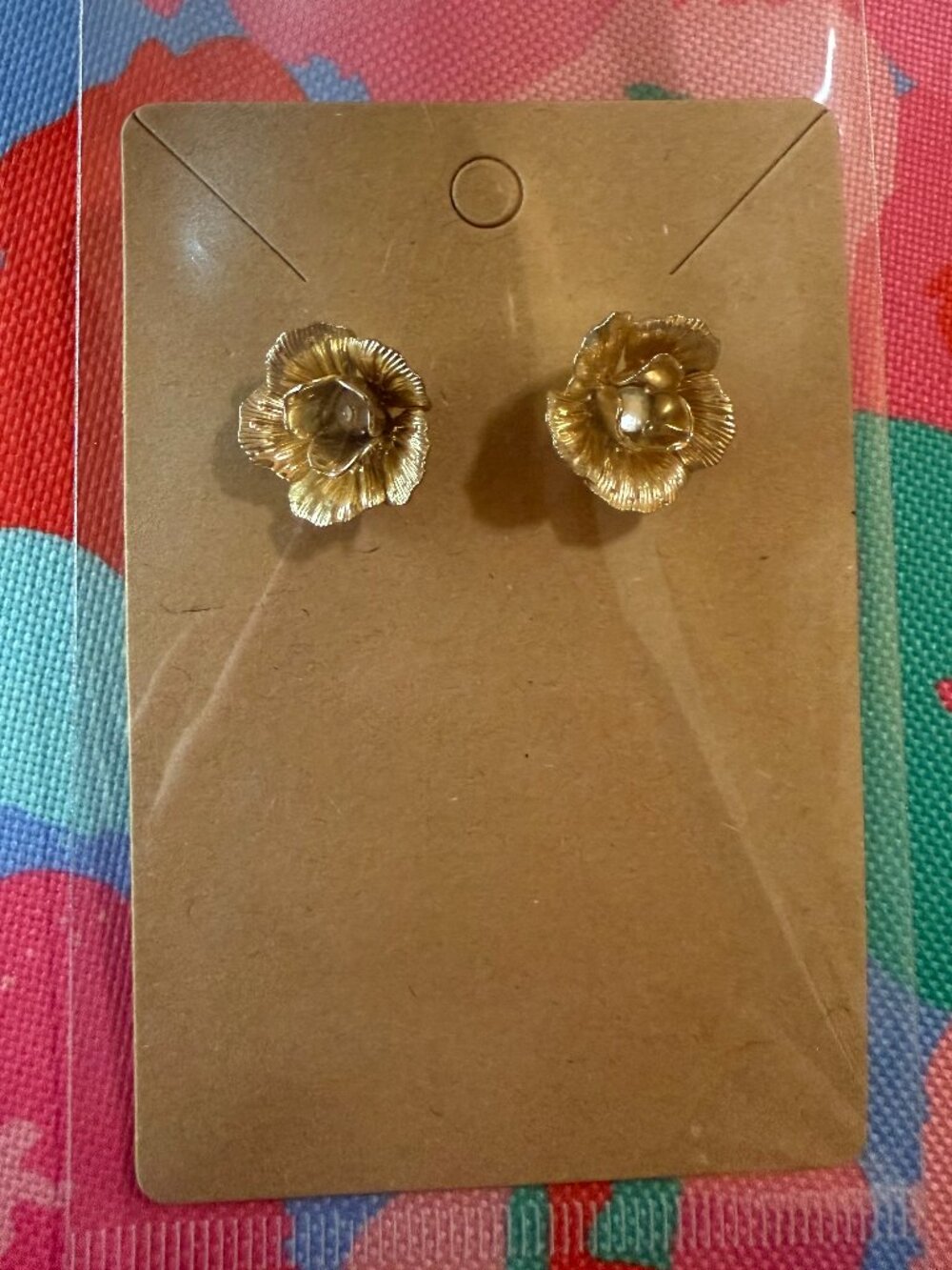 Gold Flower Statement Stud Earrings with faux diamond center